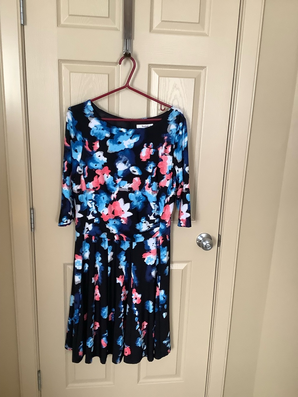 Floral Fit-and-Flare Dress in Navy with Blue & Pink Print - Unknown Brand
